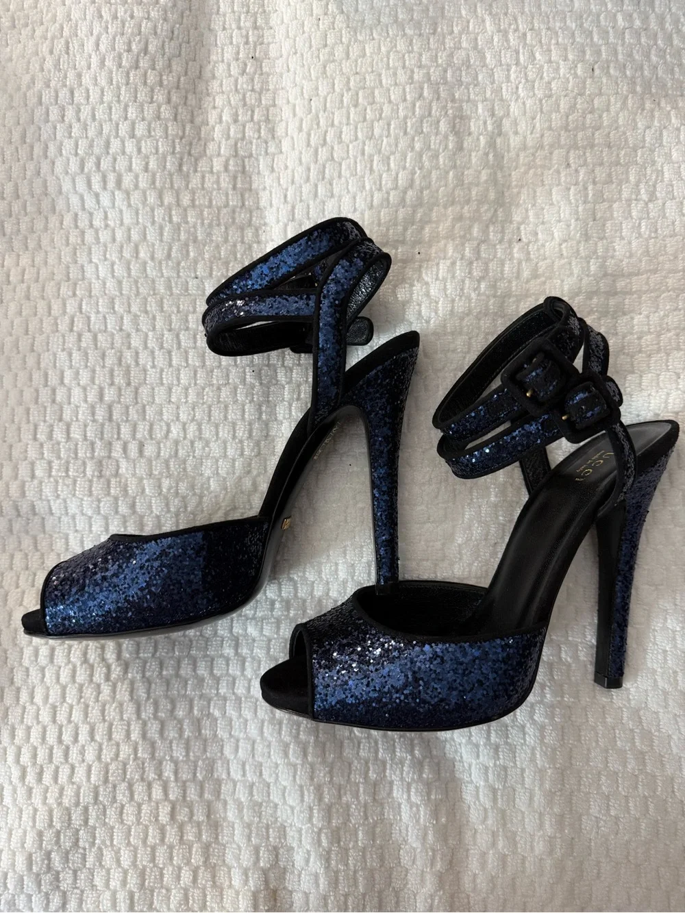Gucci Blue Glitter Open-Toe Ankle-Strap Heels